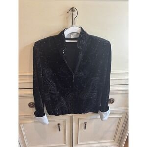 St. John‎ Sport Velvet Zip Jacket Black Rhinestone Silver Cuff Small Embroidery